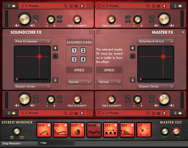 Die Master FX Pads mit deren Hilfe man die Sound Core FX und Master-Effekte modulieren kann.