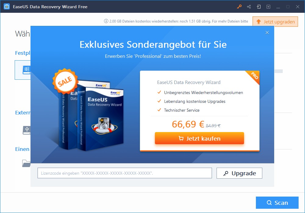 EaseUS DATA RECOVERY WIZARD FREE Upgrade-Fenster
