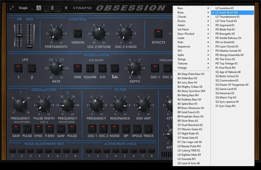 SYNAPSE AUDIO SOFTWARE OBSESSION - Preset-Menü