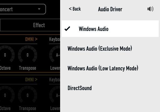 Studiologic NUMA Player Standalone Auswahl der möglichen Audiotreiber
