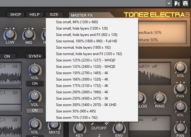 Tone2 Electra 3.0 Auflösung Auswahl im Menue
