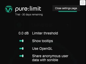 Sonible Pure:Bundle Einstellungen OpenGL Schalter